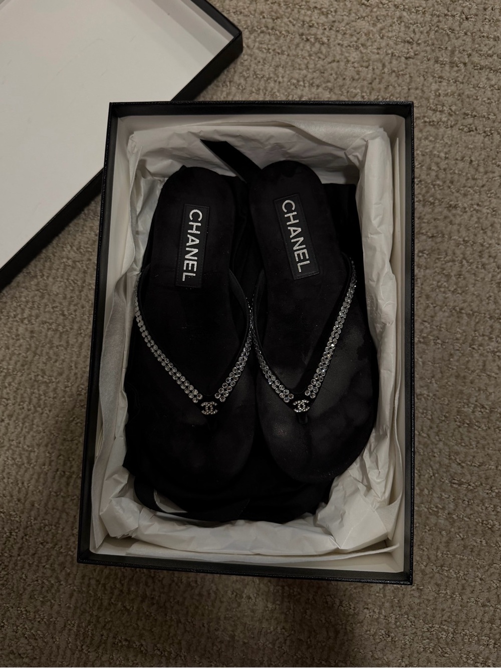 CHANEL Black Crystal-Embellished Thong Sandals